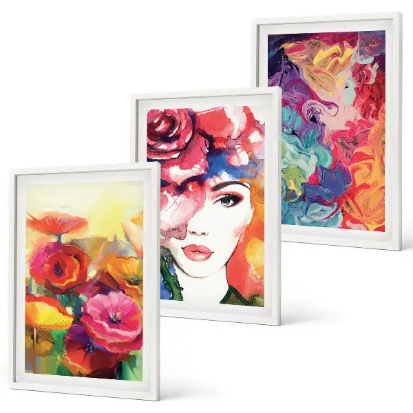 Three-piece wall art set intense floral portrait of a woman