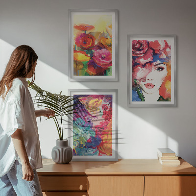 Three-piece wall art piece Intense flowers portrait of a woman