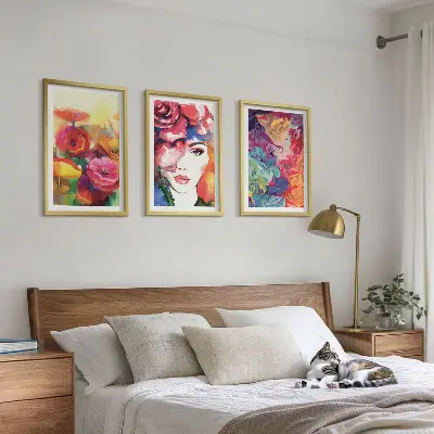 Three-piece wall art set intense floral portrait of a woman