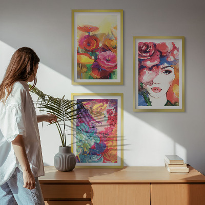 Three-piece wall art piece Intense flowers portrait of a woman