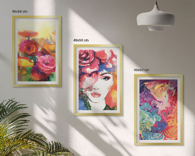 Three-piece wall art piece Intense flowers portrait of a woman