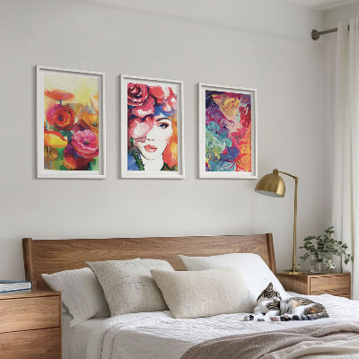 Three-piece wall art piece Intense flowers portrait of a woman