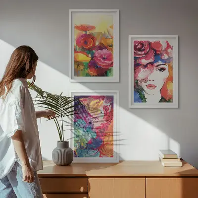 Three-piece wall art set intense floral portrait of a woman