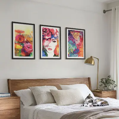 Three-piece wall art set intense floral portrait of a woman