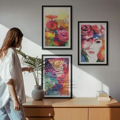 Three-piece wall art set intense floral portrait of a woman