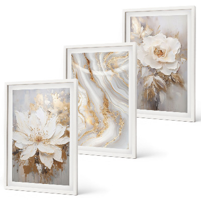 Set of 3 framed wall art pieces Flowers abstract marble