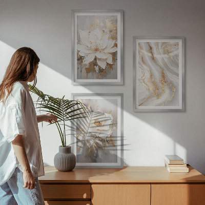 Set of 3 framed wall art pieces Flowers abstract marble
