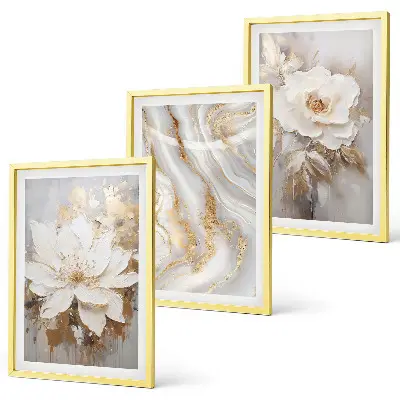 Set of 3 framed wall art pieces abstract marble flowers design