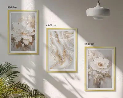 Set of 3 framed wall art pieces abstract marble flowers design