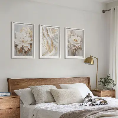 Set of 3 framed wall art pieces abstract marble flowers design