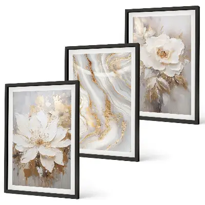 Set of 3 framed wall art pieces abstract marble flowers design