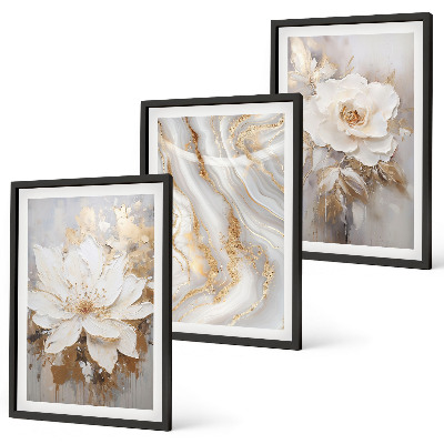 Set of 3 framed wall art pieces Flowers abstract marble