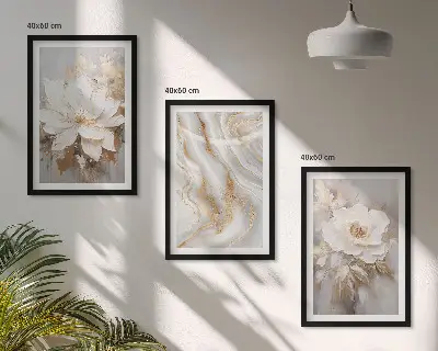 Set of 3 framed wall art pieces abstract marble flowers design
