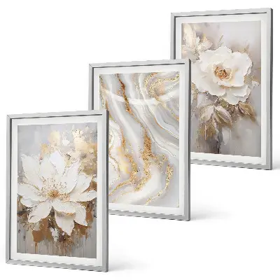 Set of 3 framed wall art pieces abstract marble flowers design