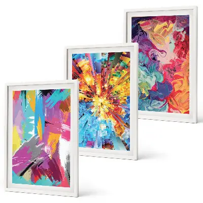 Three-piece abstract wall art set with colorful paint patterns