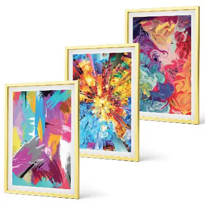 Three-piece abstract wall art set with colorful paint patterns