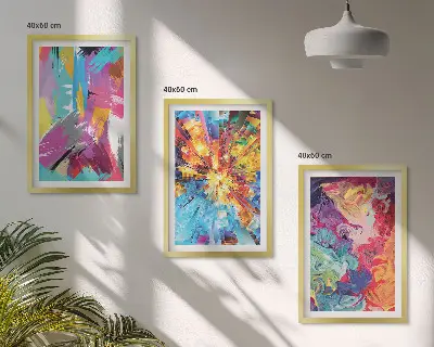 Three-piece abstract wall art set with colorful paint patterns