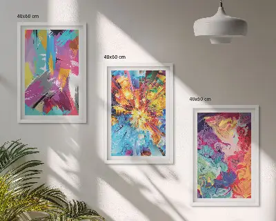 Three-piece abstract wall art set with colorful paint patterns