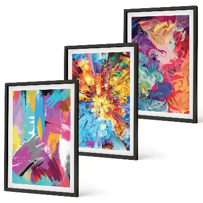 Three-piece abstract wall art set with colorful paint patterns