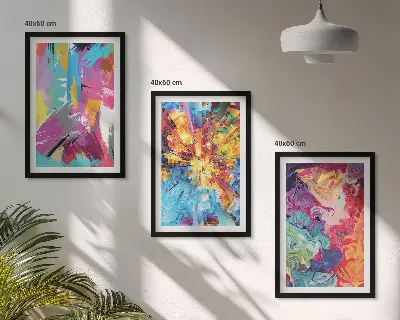 Three-piece abstract wall art set with colorful paint patterns