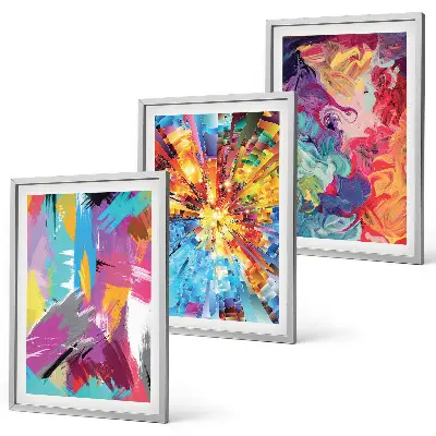Three-piece abstract wall art set with colorful paint patterns