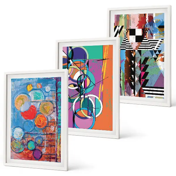 Set of 3 framed wall art pieces featuring colorful abstract geometric circles