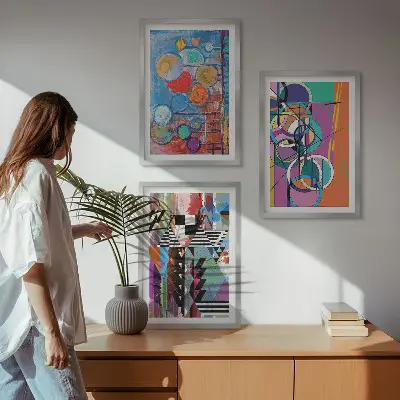 Set of 3 framed wall art pieces featuring colorful abstract geometric circles