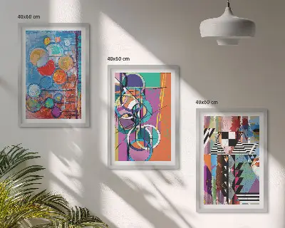 Set of 3 framed wall art pieces featuring colorful abstract geometric circles