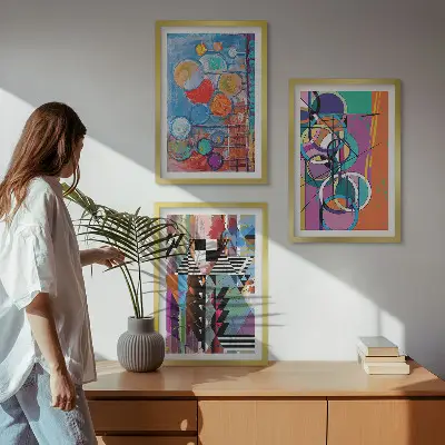 Set of 3 framed wall art pieces featuring colorful abstract geometric circles