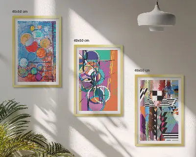 Set of 3 framed wall art pieces featuring colorful abstract geometric circles