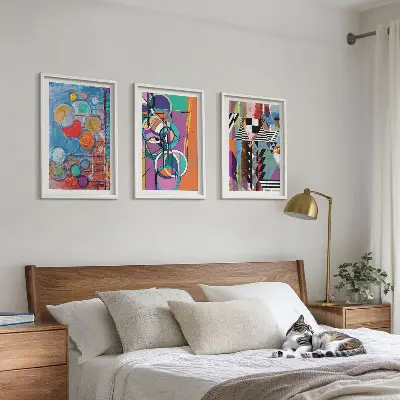 Set of 3 framed wall art pieces featuring colorful abstract geometric circles