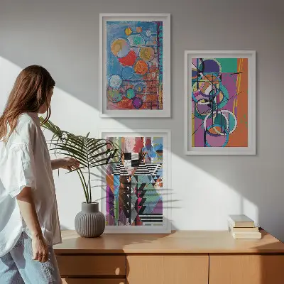 Set of 3 framed wall art pieces Colorful abstract circles geometry