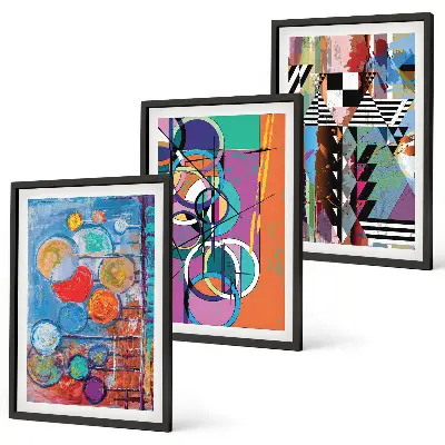 Set of 3 framed wall art pieces featuring colorful abstract geometric circles