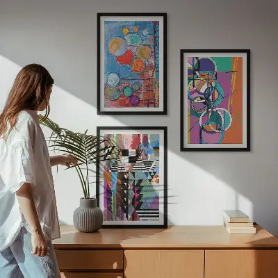 Set of 3 framed wall art pieces featuring colorful abstract geometric circles