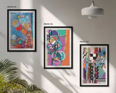 Set of 3 framed wall art pieces featuring colorful abstract geometric circles
