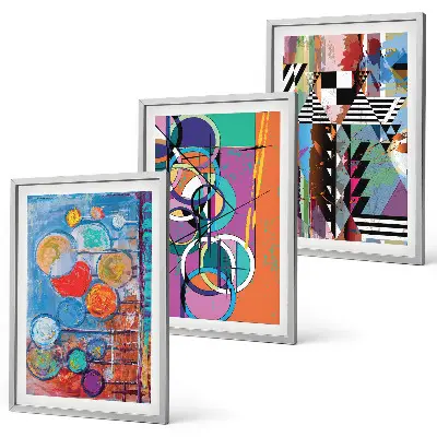 Set of 3 framed wall art pieces featuring colorful abstract geometric circles