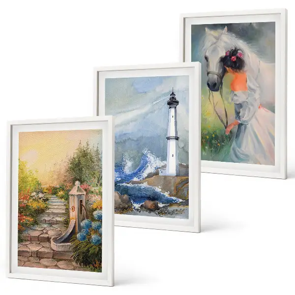 Three-piece wall art set scenery featuring a lighthouse and a girl with a horse