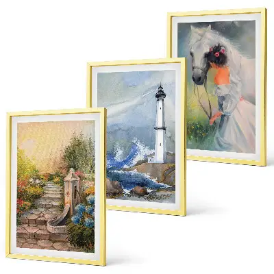 Three-piece wall art set scenery featuring a lighthouse and a girl with a horse