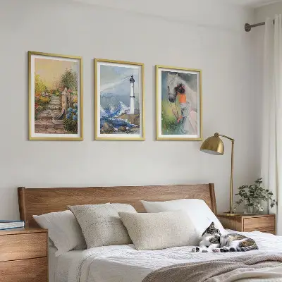 Three-piece wall art set scenery featuring a lighthouse and a girl with a horse