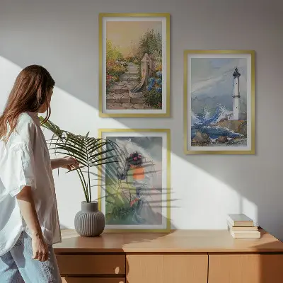 Three-piece wall art set scenery featuring a lighthouse and a girl with a horse