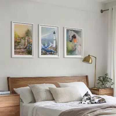 Three-piece wall art set scenery featuring a lighthouse and a girl with a horse