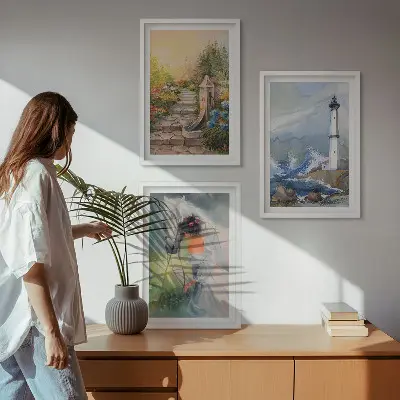 Three-piece wall art set scenery featuring a lighthouse and a girl with a horse