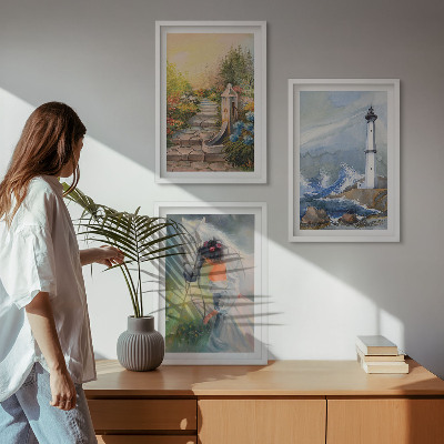 Three-piece wall art piece Scenery lighthouse horse girl