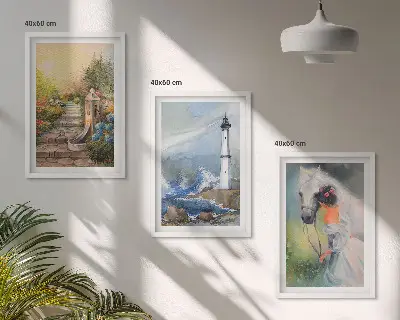 Three-piece wall art set scenery featuring a lighthouse and a girl with a horse