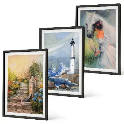 Three-piece wall art set scenery featuring a lighthouse and a girl with a horse