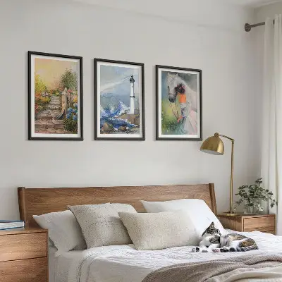Three-piece wall art set scenery featuring a lighthouse and a girl with a horse