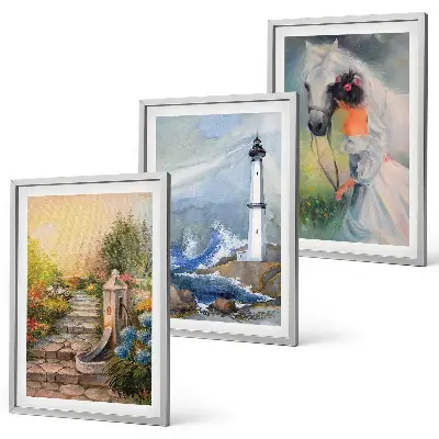 Three-piece wall art set scenery featuring a lighthouse and a girl with a horse