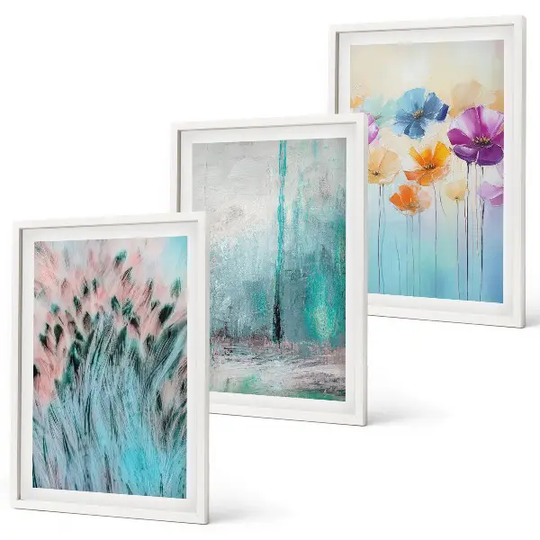 Set of 3 framed wall art pieces pastel floral background patterns