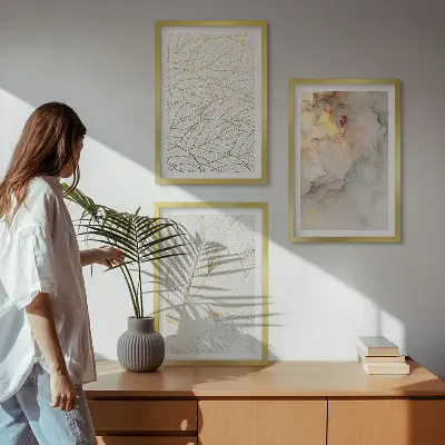 Three-piece abstract marble leaf wall art set with a modern decorative pattern