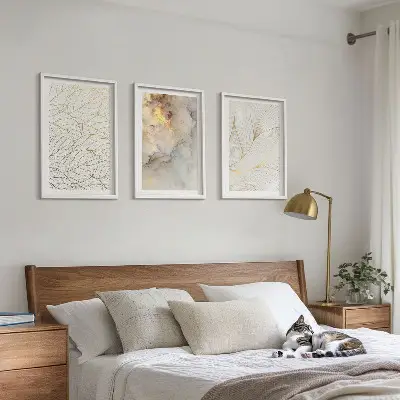 Three-piece abstract marble leaf wall art set with a modern decorative pattern